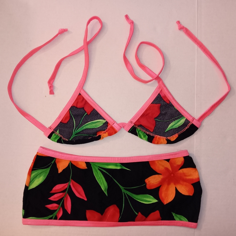 Minor Creations Floral Bikini Top And Micro Mini Skirt Black Pi K Green Red Neon - Picture 4 of 5